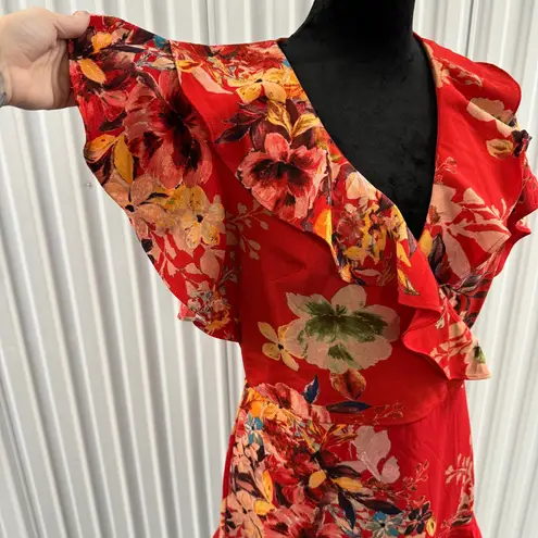 Ny Collection Women’s Red Floral Print Ruffle Knee Length Dress Size Large