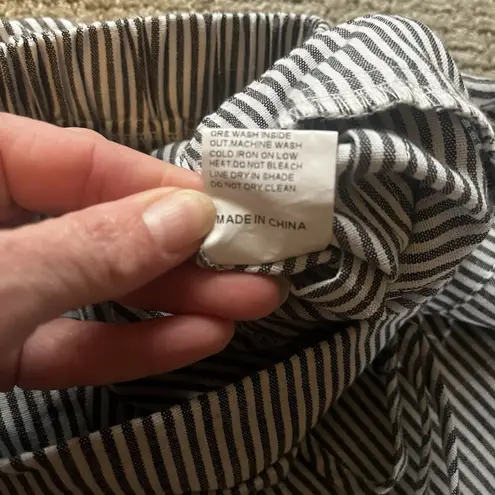 Women's Large Black White Striped Wide Leg Pants Partial Elastic Waist Pockets