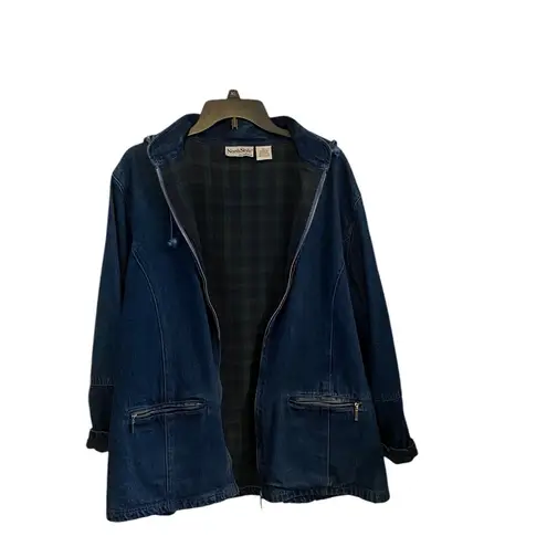 NorthStyle Denim Chore Coat Barn Jacket Green plaid flannel lining Hooded Fall Blue Size L