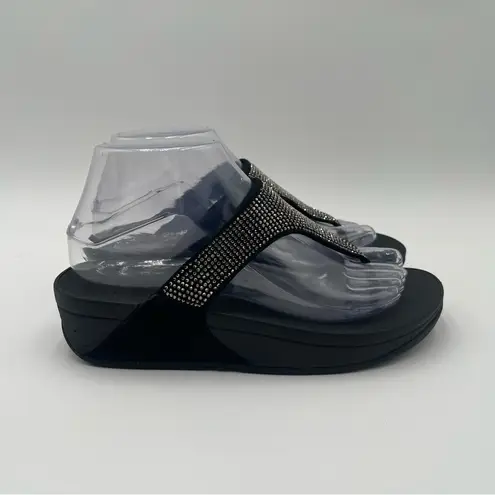 FitFlop Women’s Sz 7 Lulu Shimmer Black Rhinestone Sandals Comfortcore Glam Chic