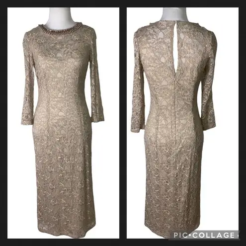 London Times Golden Tan Lace Overlay Midi Dress Rosegold Rhinestone Neck Size 4