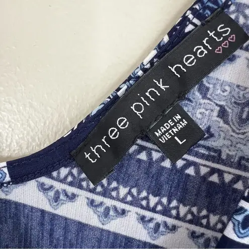 Three Pink Hearts Mini Dress Womens L Blue White Sleeveless Beachy Mediterranean Size L