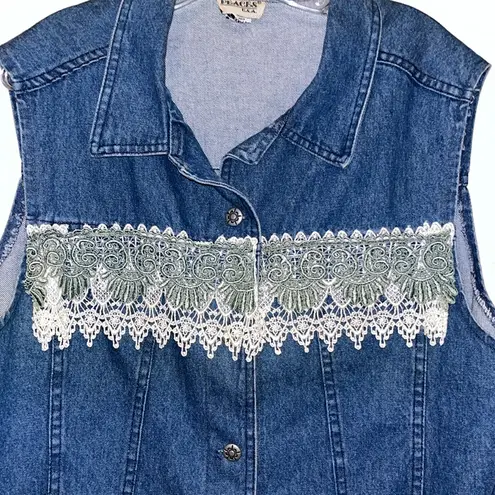 Vintage Denim Vest with Lace Trim Crocheted Grandma Jean Jacket Size XL