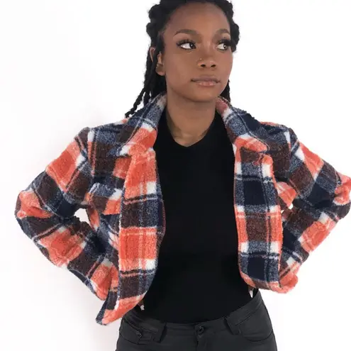 NWT Plaid Jacket Womens S Orange Blue Cropped Sherpa Fall 90s Retro Cozy
