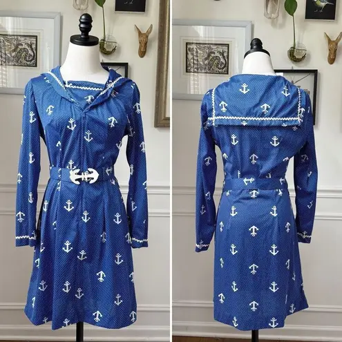 Vintage 70s House of She Ltd Zip Front Anchor Sailor Dress M Blue Size M