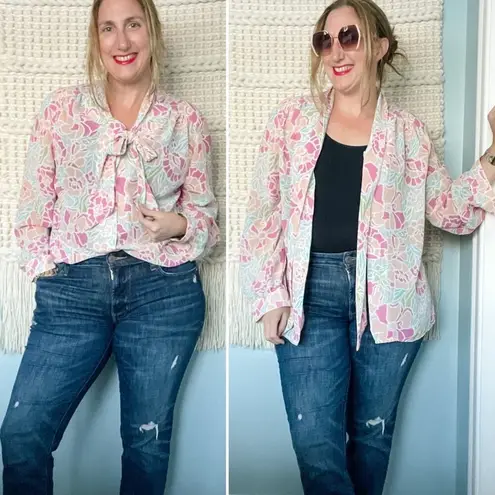 Vintage sheer floral secretary blouse sailor knot/p