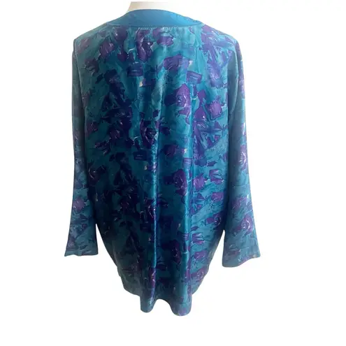 Carole Little Vintage 100% Silk Cardigan Style Sleep Shirt Blue Patchwork 14W Size undefined