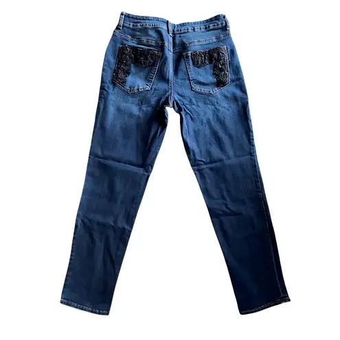 Chico's Platinum Jeans Womens Dark Wash Relaxed Ankle Embellished Beaded Size 0