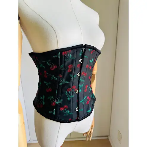 Orchard Corset Cherry Print Waist Corset Size 26 Steel Boning Laceup Under Bust Black