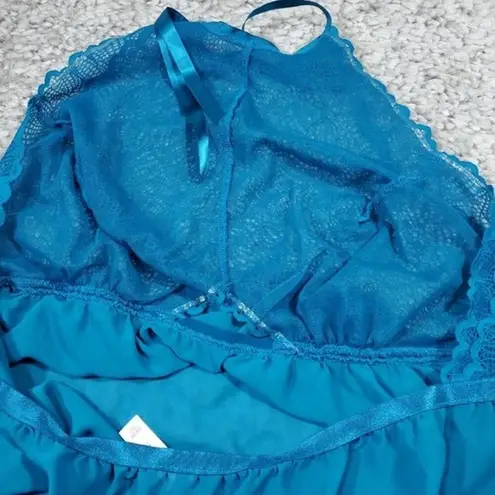 Cacique Halter Babydoll Chemise Slip Teal Blue Nightgown Size 18/20 Sleep Dress