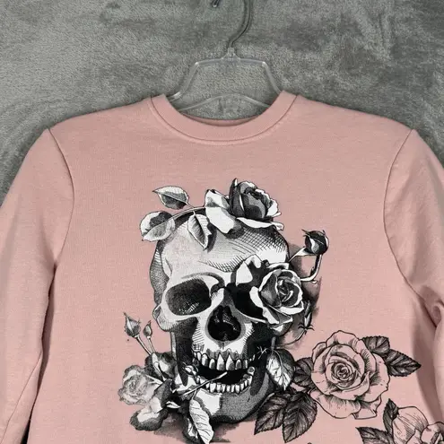 Blind Rooster Sweatshirt Women Small Pink Black Skull Roses Flowers Grunge Punk