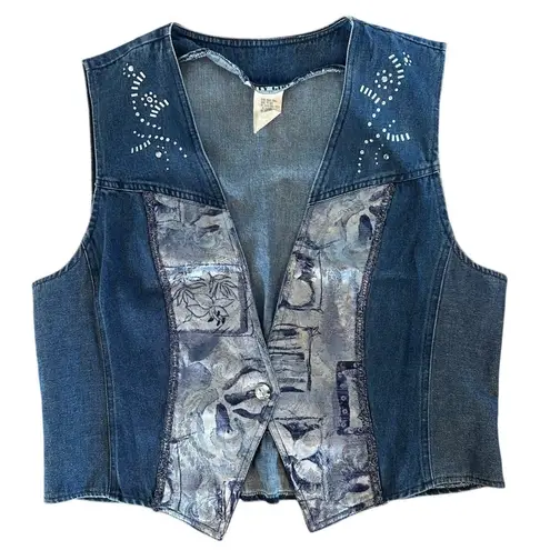 City Girl Sport Denim Vest Top Rhinestone Embellished Blue Jean Waistcoat Vtg Size M