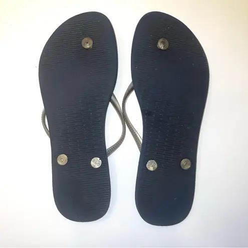 Havaianas Peacock Feather Flip Flop Size US 9/10 39/40 Navy Blue Silver EUC