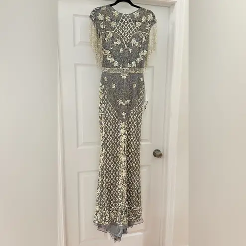 Mac Duggal 4908 HIGH NECK SLEEVELESS BEADED FRINGE FITTED GOWN Platinum Gold