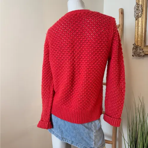 LL Bean Coral Red Cardigan Sweater Chunky Knit Button Up Lg Lagenlook Preppy