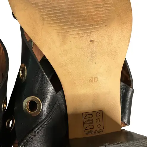 River Island ASOS Black Leather Heeled Sandals Gold Eyelet Detail Size 40 US 9