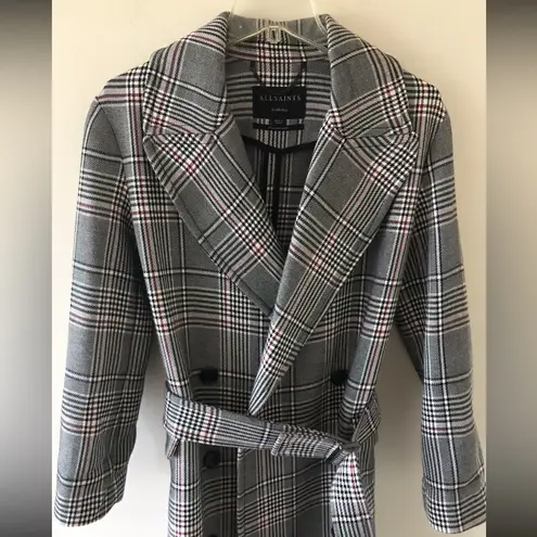 All Saints Tyla Check Plaid Wool Blend Belted Long Trench Coat