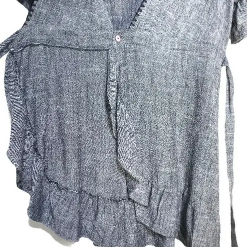 Moon River Heather Gray Blanket Stitch Linen Blend Ruffle Wrap Mini Dress