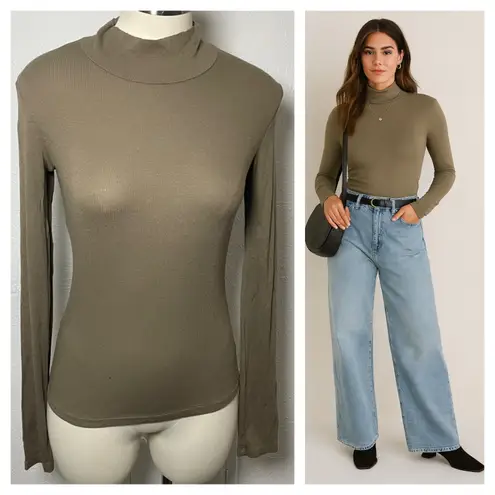 Cotton Citizen Ribbed Mock Neck Long Sleeve Top Small Taupe Stretch Minimalist