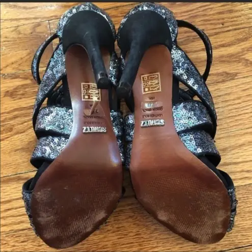 Schutz Fallon Gunmetal Sequin Strappy Stiletto Heels 7