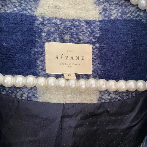 Sézane Sezane Blue and Cream Checkered wool winter Teddy Jacket