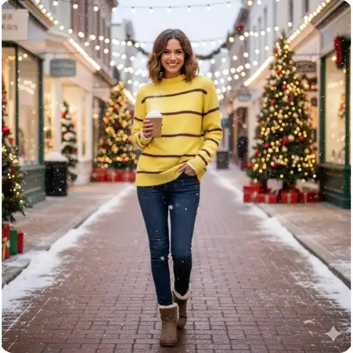 Tribekka 44 Sweater Womens Medium Citron Yellow Mock Neck Striped Rainbow Tinsel