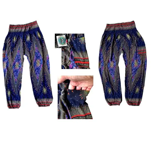Harem Pants One Size Navy Multicolors Cosmic Stretch Waist Yoga Exercise READ Blue - Image 6