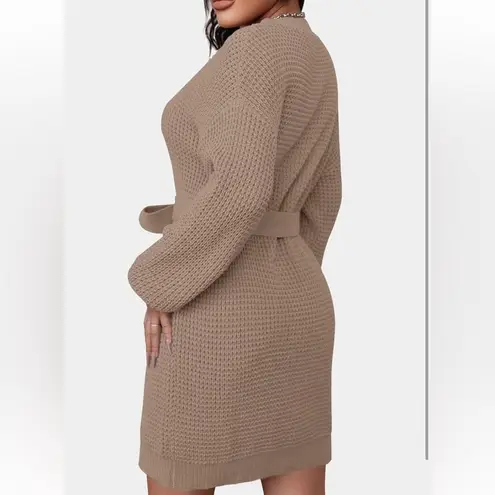 NWT Cozy Waffle Knit Crewneck Sweater Dress with Belt Tan Size Small