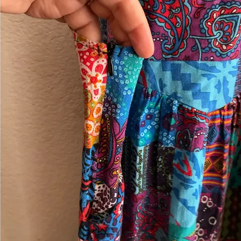 Bohemian Colorful Patchwork Suspender Jumpsuit Wide Leg S Blue