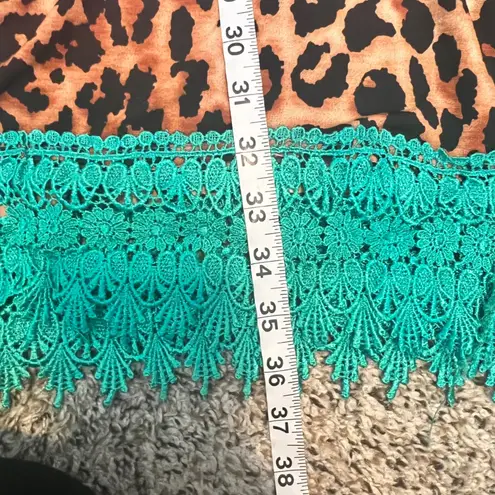 L&B Leopard Print Dress Turquoise Lace Trim 3/4 Sleeve Women's Large