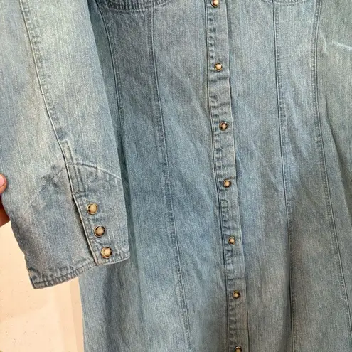 Vintage Denim Maxi Dress Long Line Pearl Snap Buttons Cowgirl Chambray Cottage Blue Size 12