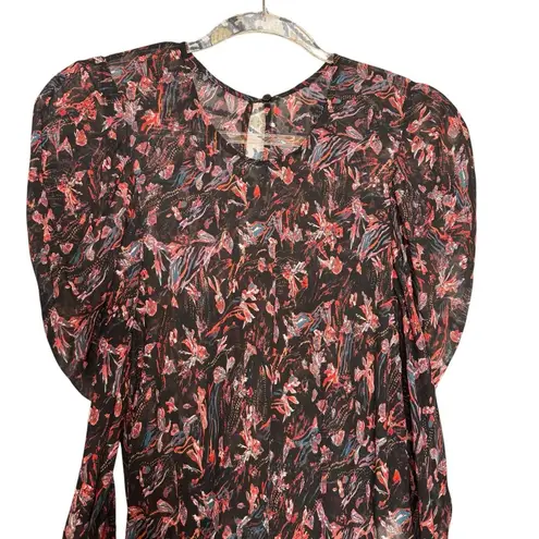 IRO Lou Top in Black Floral Red Long Sleeve Sheer Puff Sleeve Size 6 Medium M