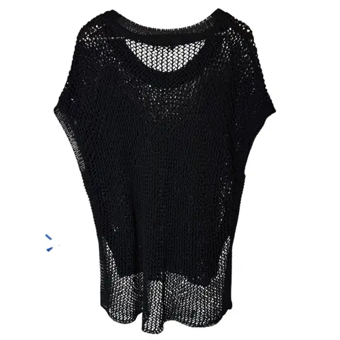 Ruti Linen Blend Open Knit Black Short Sleeve Tunic Sweater size S / M Size M