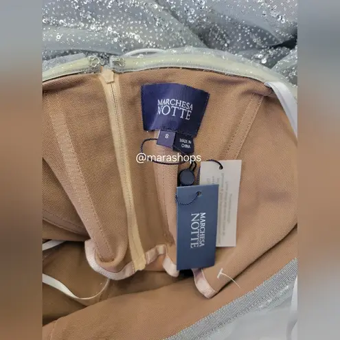 Marchesa Notte Strapless Beaded Glitter Tulle Column Gown Caplet Silver Size 8