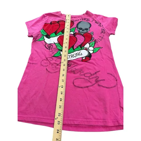 Ed Hardy Shirt Women's Size Large Hearts Skull Strong Tee Pink Red Vintage CC9-1