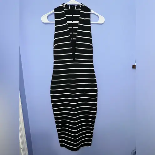 Bec & Bridge Deep V Neck Striped Midi Dress Black White EUC Size 2