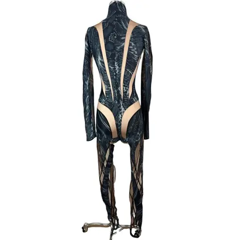 MUGLER Womens Long Sleeve Jumpsuit in Warped Snake Black Nude 34 New Catsuit Size undefined