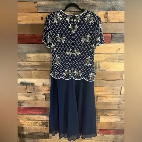 Papell Boutique Navy Beaded Evening Dress Size 12