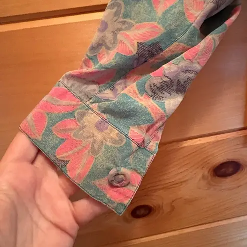 Diane Gilman Pink and Green Button Down Shirt Floral Design 100% silk