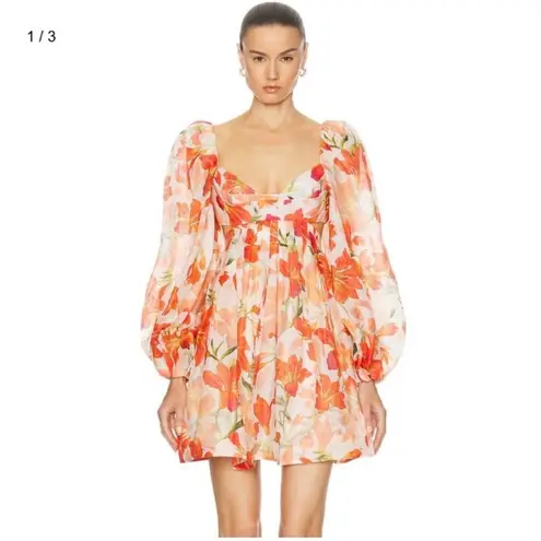Zimmermann New Orange and Cream Floral Long Sleeve Dress
