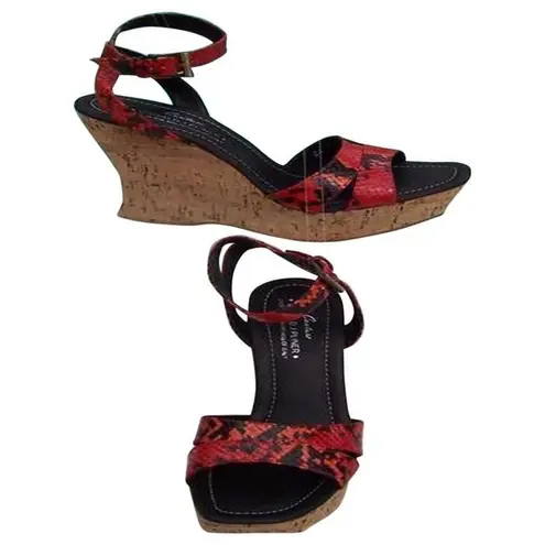 Donald Pliner Hand Carved Cork Pitone Leather Wedge Platform Shoe New $250 NIB Red Size 10