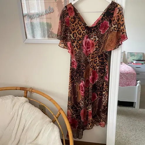 Vintage 90s Y2K Patra Asymmetrical Draped Cowl Leopard Rose Floral Midi Dress Brown Size 6