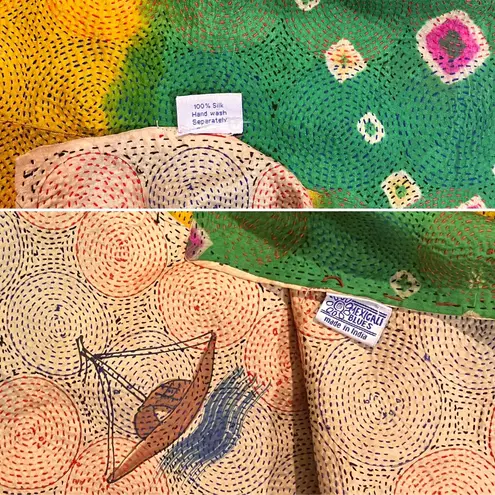 Handmade Vtg Indian Silk Kantha Embroidered Shawl Scarf Pashmina Wrap Dupatta Green Gold