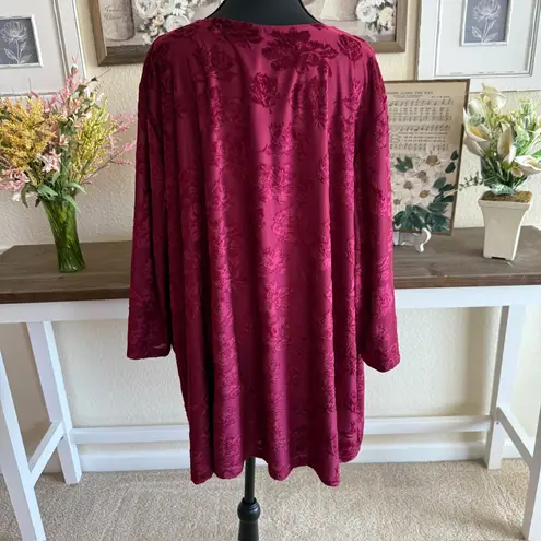 Catherines Plus Size 4X Burnout Velvet Floral Tunic Top Burgundy Red Dressy Long Sleeve