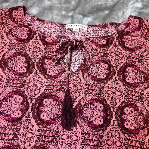 Artisan NY Tunic Top Womens 1X Pink Burgundy Paisley Print Shirt Boho Tassels