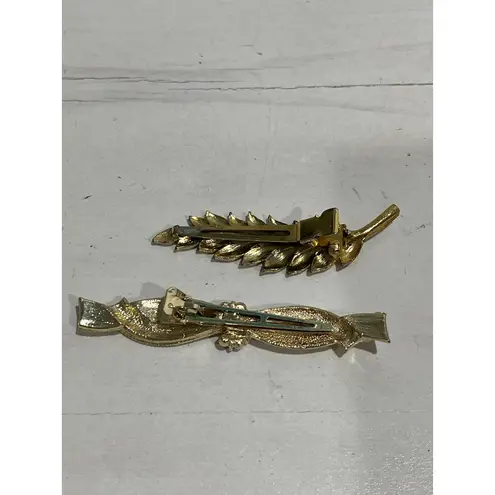 Vintage Gold colored Ribbon Faux Pearl Accent & leaf Elegant hair clipS