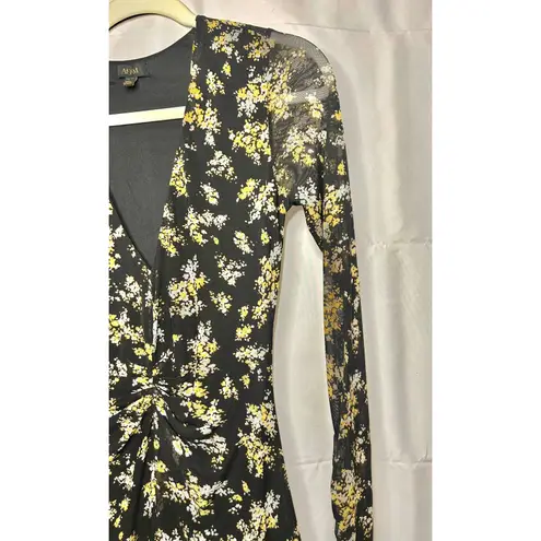 AFRM Tezza Black & Yellow Floral Ruched Mesh Bodycon Midi Dress XS