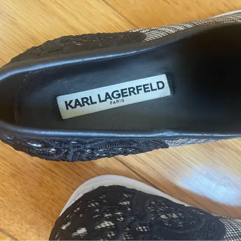 Karl Lagerfeld Paris CARLYN Plaid Slip On Sneaker Lace embroidered casual Sz 8