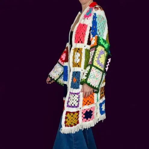 Vintage Handmade Colorful Granny Square Crochet Hippie Open Cardigan Multiple