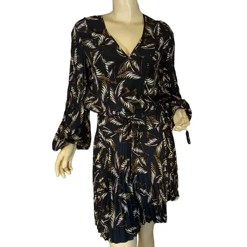 ALC Frank A.L.C. SILK “RORY” PALM LEAF PRINT BLACK & BROWN PLEATED SPLIT SLEEVE DRESS (2)